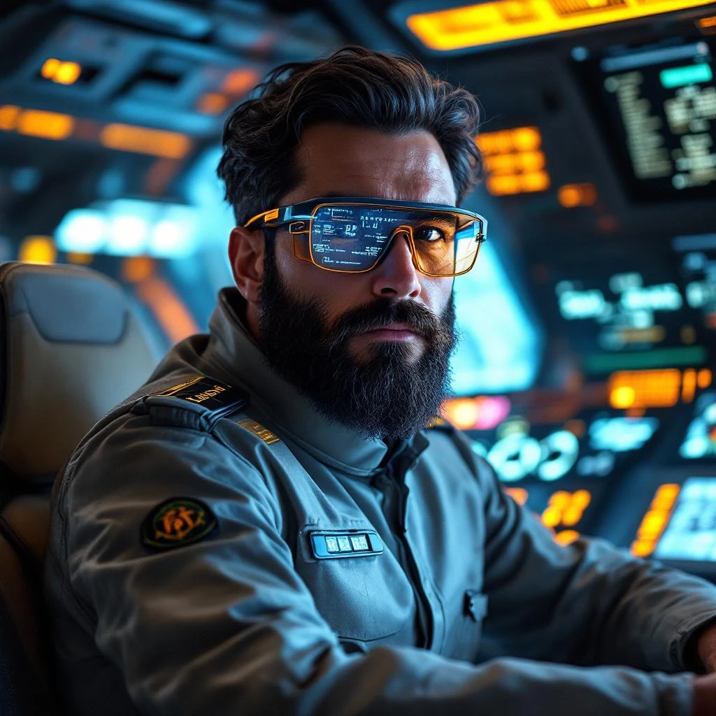 Captain's command station in the Ruby nebula with coffee synthesizer and coding interfaces