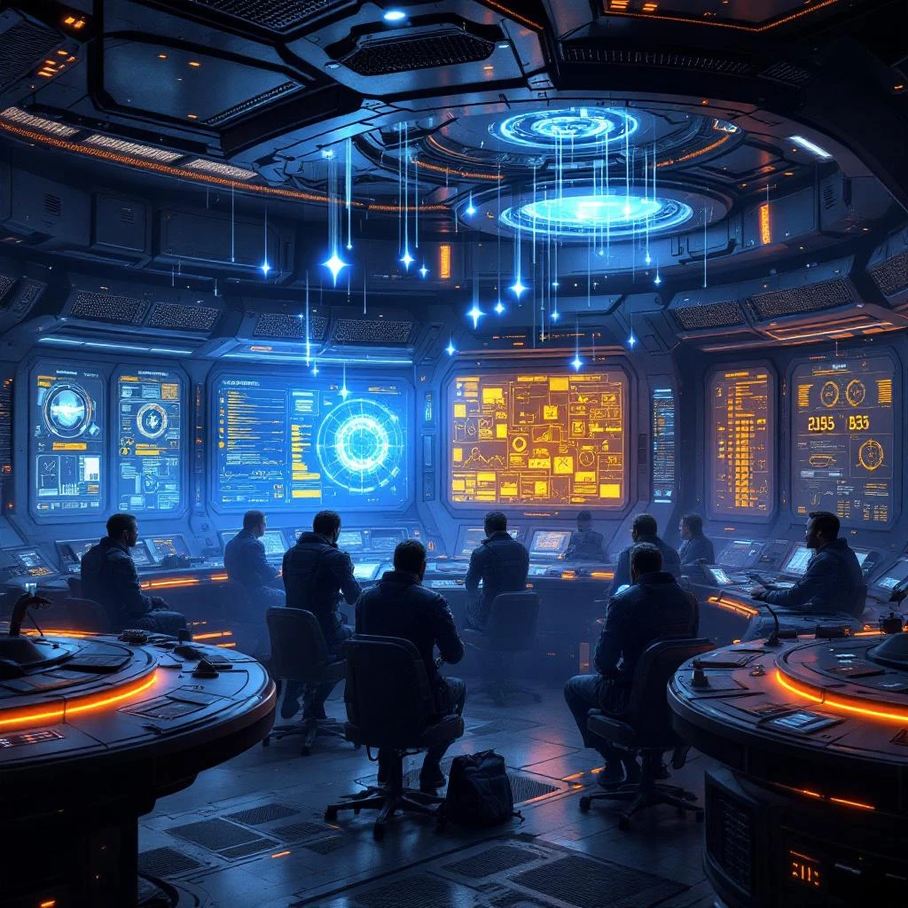 The crew gathered around temporal diagnostics displays